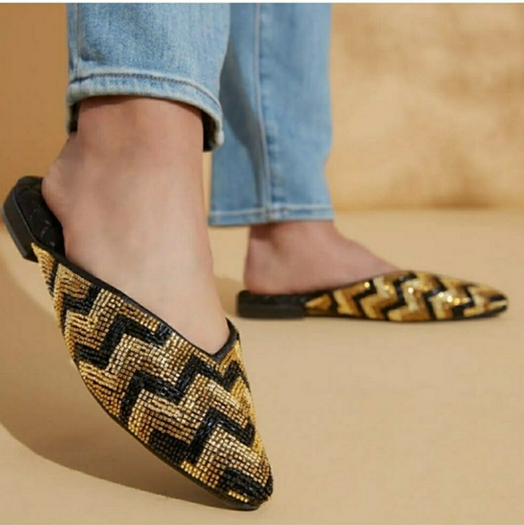 Birdies Shoes - Birdies The Swan Beaded Art Deco Chevron Mule Flat in Black & Gold NEW Size 10.5